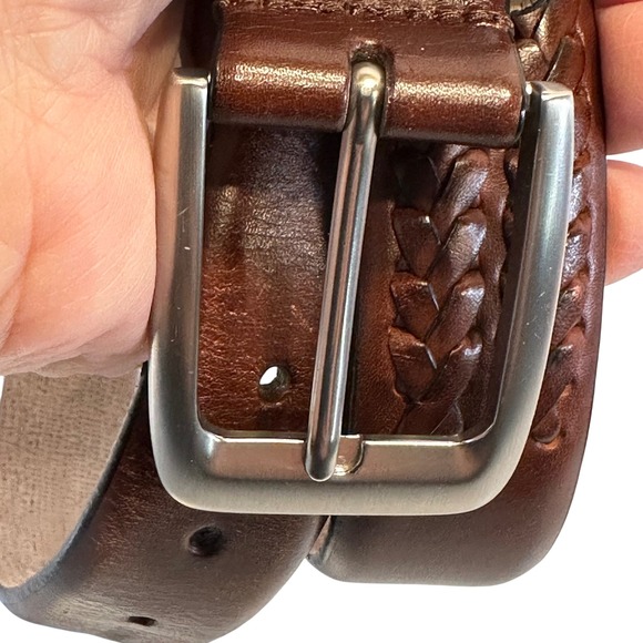 Tommy Bahama Mens Brown Genuine Leather Woven Belt Silver Buckle Size 36 - Picture 11 of 13